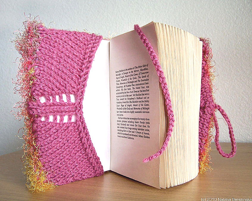 Impressionistic Book Cover, Knit Crochet Bookmark Honeysuckle Purple Pink Lemonade Lilac Golden Yellow Vegan College School Notebook