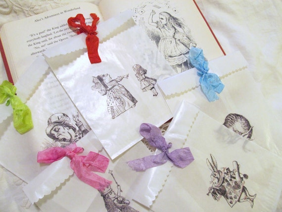 Alice in Wonderland Glassine Party Favor Treat Bags with Ribbon - Set of 10 - Choice of Ribbon Color