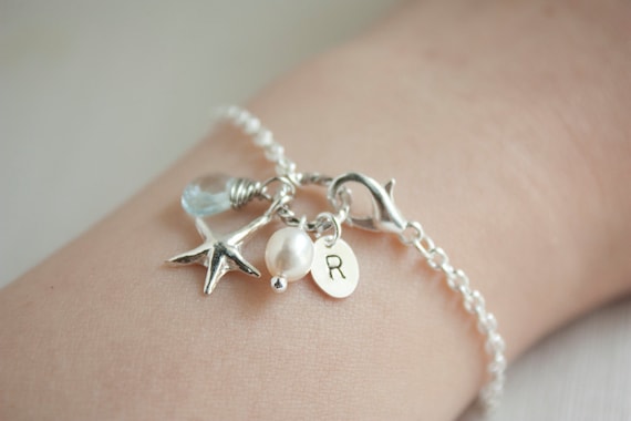 Silver starfish gemstone pearl initial charm bracelet
