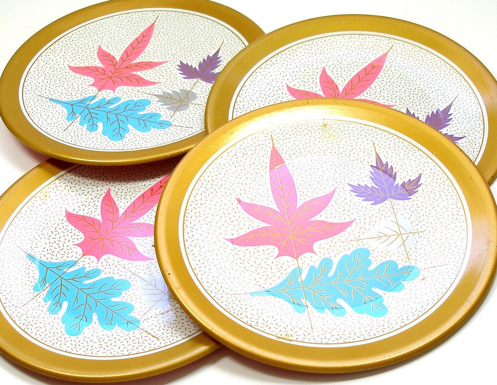 50s Tin Toy tea plates, Golden Leaves set of 4 matching by Ohio Art.