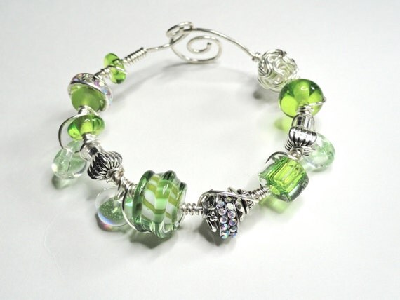 Lime Spritzer Lampwork Bracelet Wire Wrapped Sterling Silver