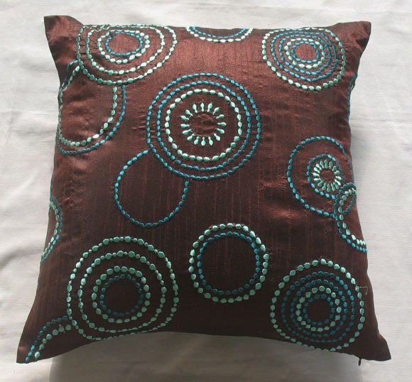 Brown throw pillow embroidered w/ teal blue and aqua blue circles 18 inch cushion cover