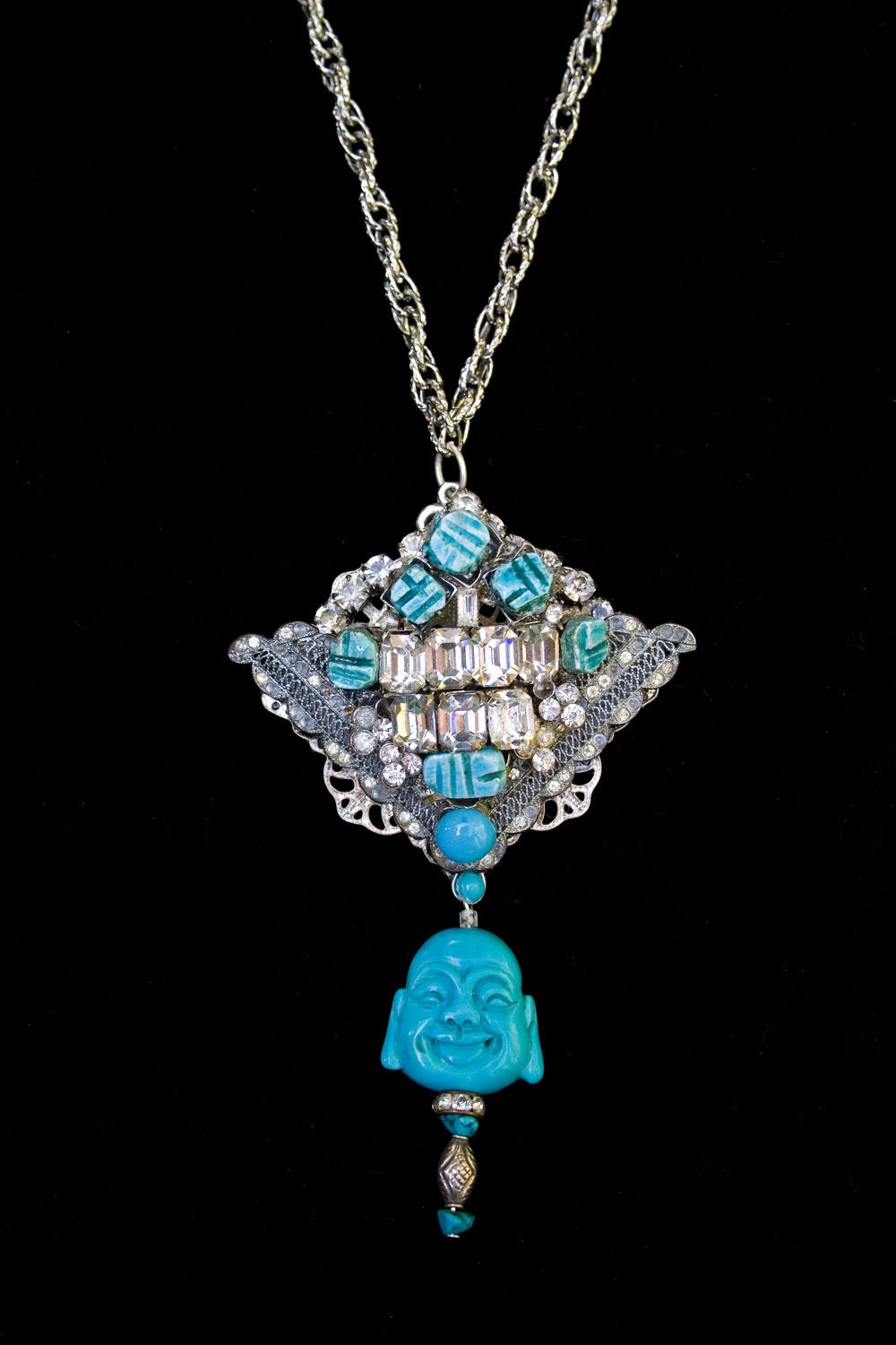 Rhinestone Buddha, Vintage rhinestone pendant is embellished with clear bright rhinestones and turquoise colored, stone scarab beetles