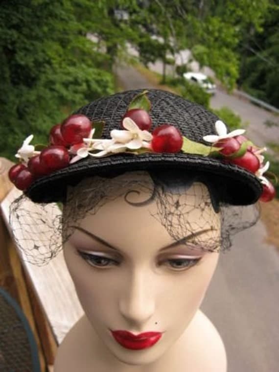 Delicious Vintage Rare 1940s Bakelite Cherry Blossom Sunday Hat with Veil