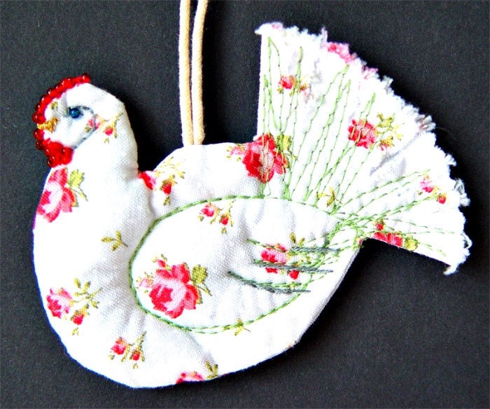 Handmade textile hen ornament - romantic