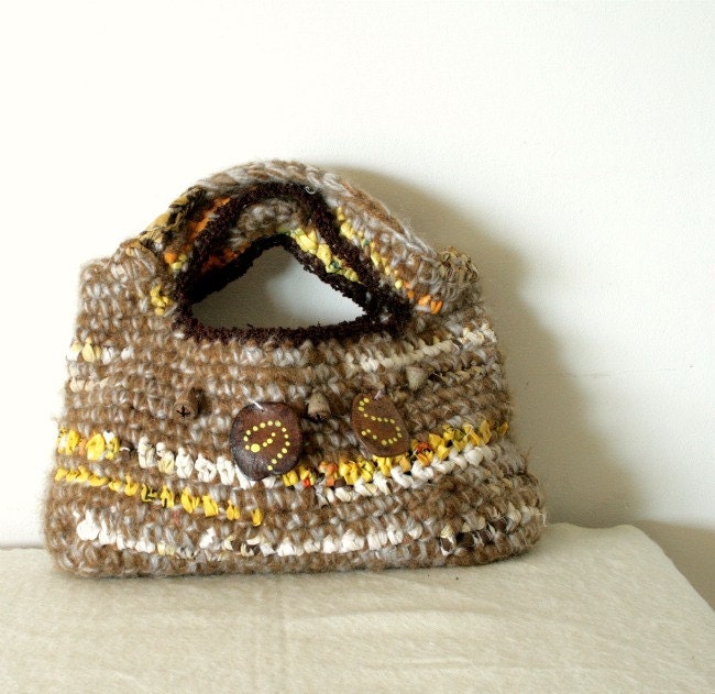 Crochet tote - earthy, brown and white with natural bead decor in aboriginal pattern