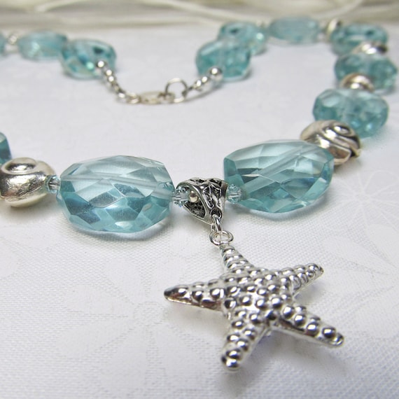 Aqua Blue Quartz Faceted Nugget Sterling Starfish Necklace