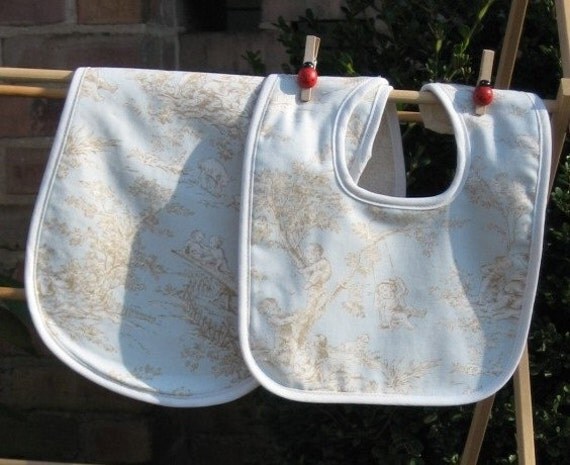 Seafoam Blue & Tan Toile Baby Bib and Burp Cloth