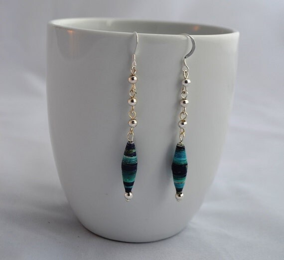 Paper Bead and Sterling Silver Long Dangle Earrings