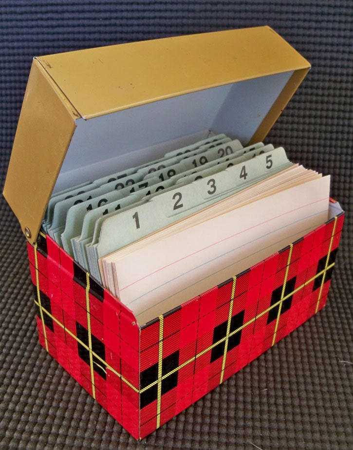 Cute Little Tartan Plaid Metal Recipe or Index Card File Box "Clad in 1960's Red Plaid"