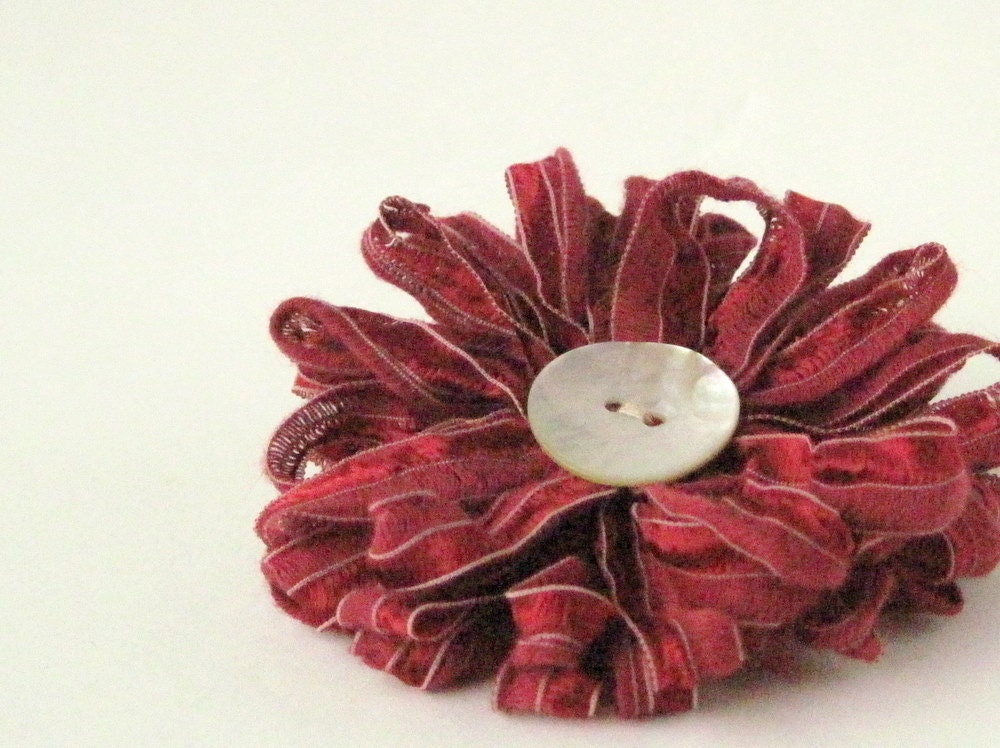 Flower Brooch in Wine Red Ribbon