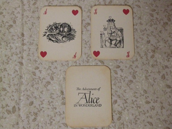 Alice in Wonderland Playing Cards - ephemera, vintage style, shabby chic style, red queen, heart, white rabbit, mad hatter, cheshire cat
