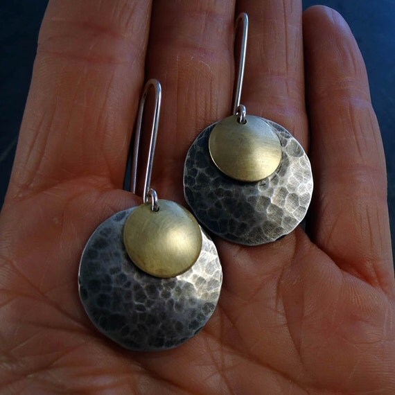 Silver and Gold Earrings, Geometric, Modern - FREE shipping
