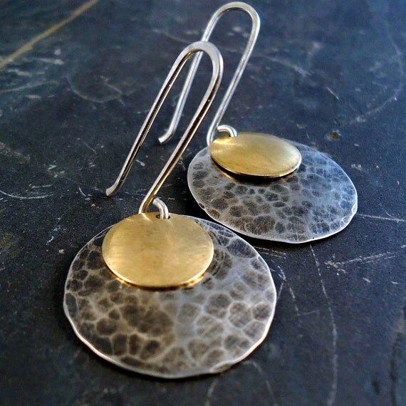 Silver and Gold Earrings, Geometric, Modern - FREE shipping