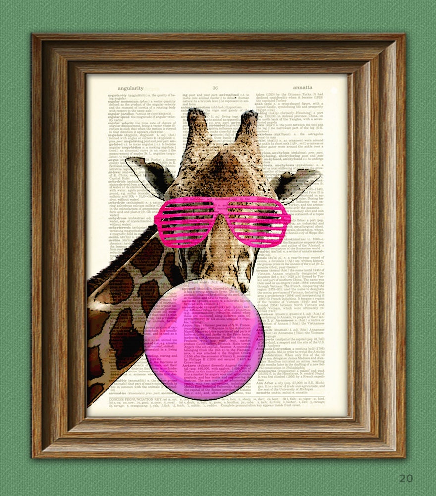 Sharona the 80's Giraffe blowing pink Bubblegum Bubble shuttered sunglasses illustration beautifully upcycled dictionary page book art print