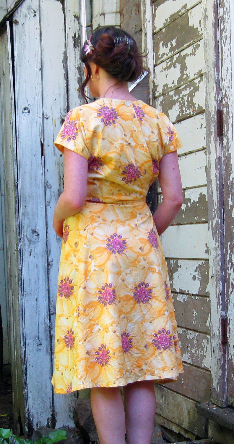 Wrap around dress Handmade by Brightest Star perfect Cotton sun dress M/LYellow with Pink Poppies