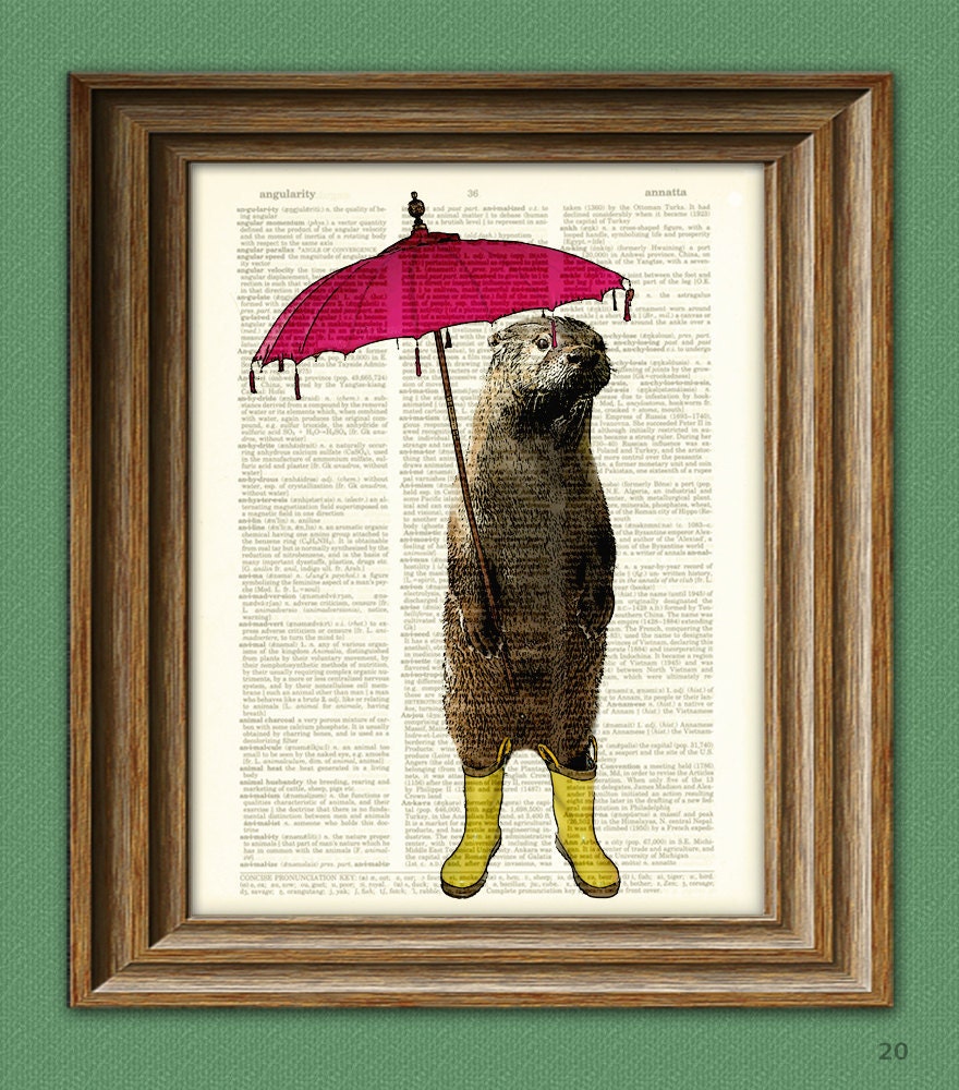 Rainy Day OTTER with Umbrella and yellow boots illustration beautifully upcycled dictionary page book art print