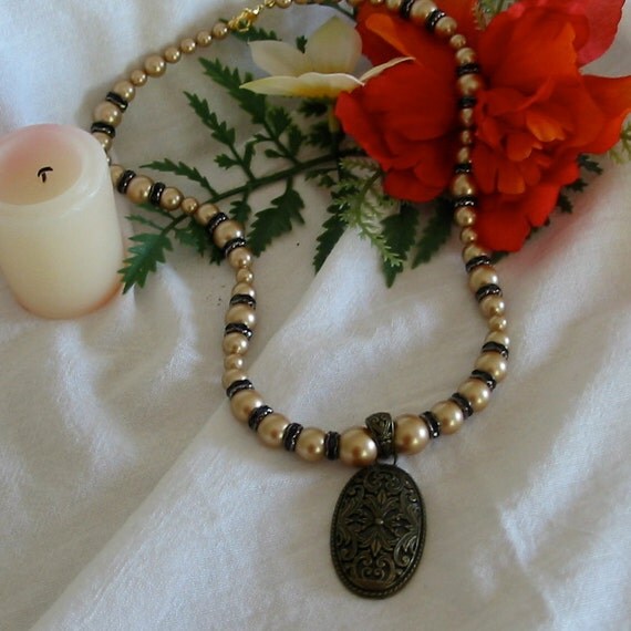 Gold Pearls and Black Crystal Rondelle Necklace with Pendant