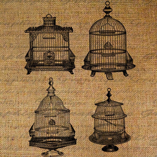 Four Antique Bird Cages Birdcage Birds Digital Image Download Transfers To Pillows Totes Tea Towels Burlap No. 2513