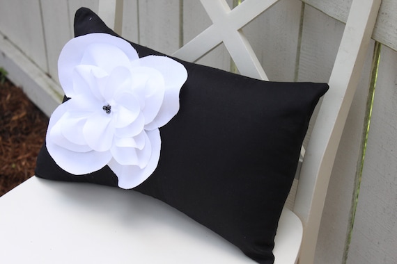 Black Shabby Chic Fraying Flower Pillow with Black Pearl Accents