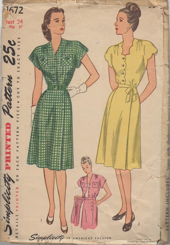 40s Simplicity 1672 Dress Bust 34 Size 16 Wrap Cap Sleeves Button or Tie Closing Gathers Scallops Summer
