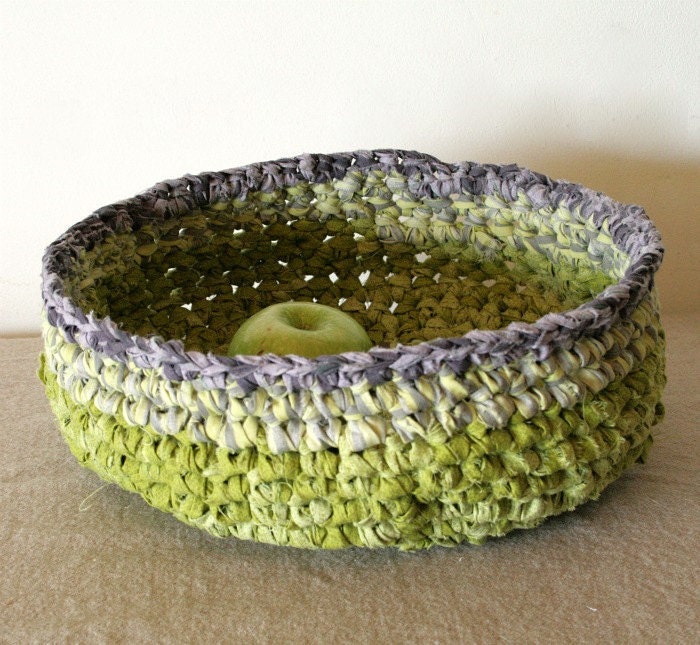 Reused fabric bowl green and grey rag crochet homedecor