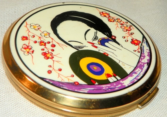 1940's Stratton GEORGES LEPAPE DECO Vanity Powder Compact Vintage 40's Rare 20's Geisha Girl Print Novelty Scene Make Up Compact England