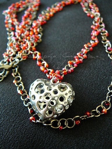 Epic Sale Necklace - Crimson Scarlet Red Bright Silver Polka Dot 3D Double Strand Valentine Gift - So Many Hearts So Little Time