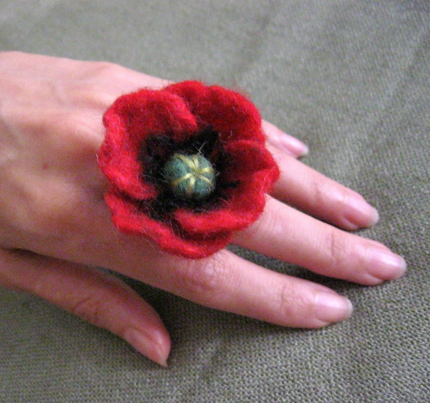 Red Poppy ... Felt Flower  Ring