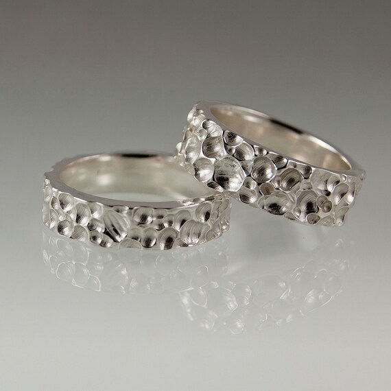 Crater Texture Wedding Rings in Silver, Set of 2 rings