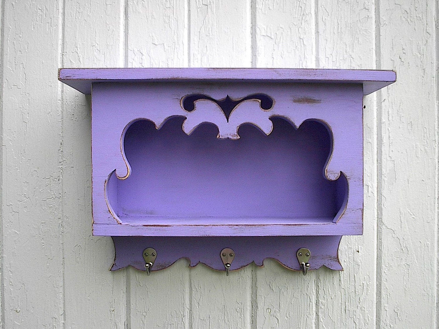 Wall shelf organizer key hooks rack wood french country