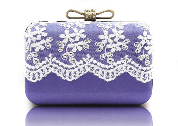 Bling Bling Chain Clutch Victorian Purple White Lace Party Bag Rhinestone