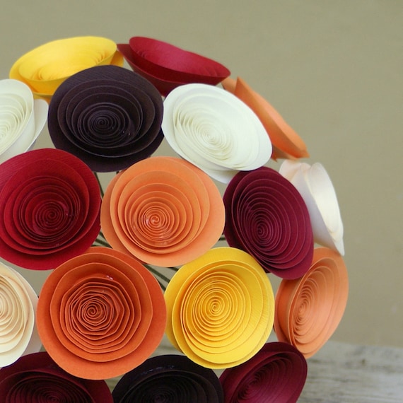 Autumn Wedding Bouquet - Handmade Paper Flower Bouquet - Fall Wedding - Pumpkin, Marigold, Crimson, Chocolate Brown, and Ivory