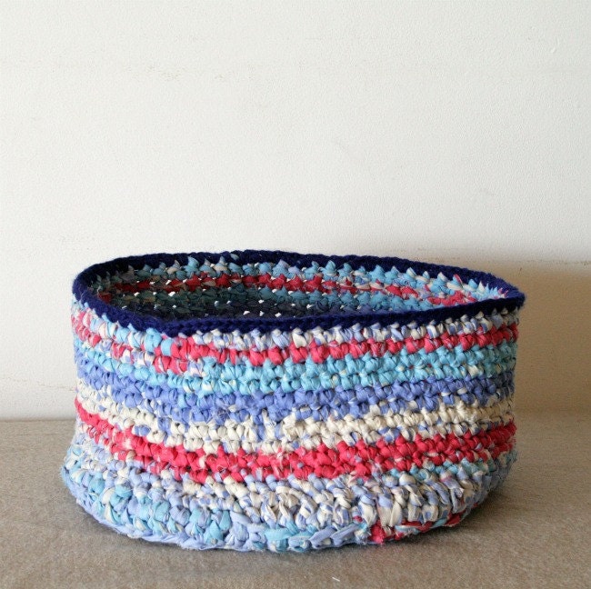 Fine rag crochet basket in blues and pink