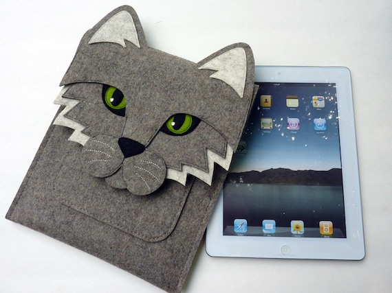 iPad 2 sleeve - Cat - Gray designer felt