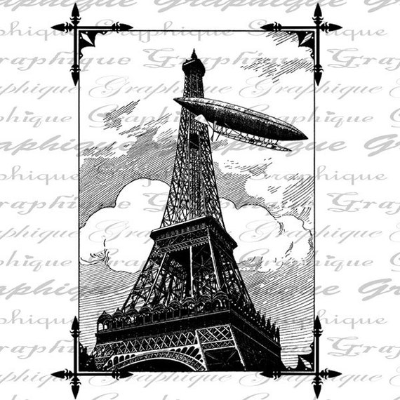 Dirigible Hot Air Ballon Flies By Eiffel Tower Paris France Digital Image Download Transfer To Pillows Tote Tea Towels Burlap No.2599