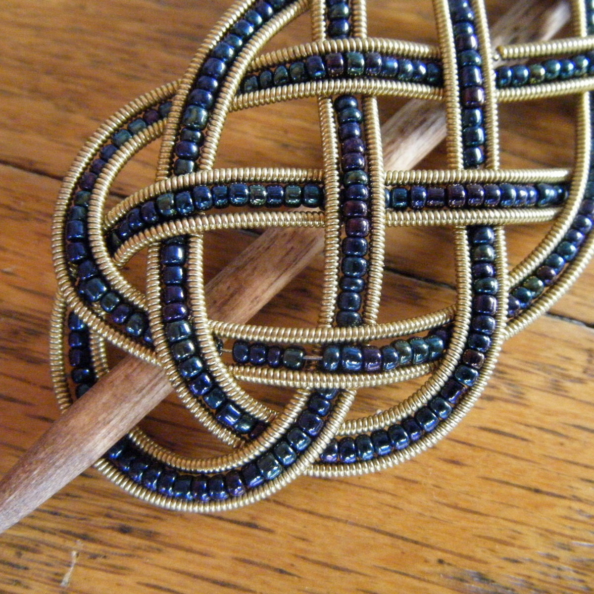 Navy and Gold beaded guitar string barrette small