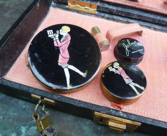 Art Deco Flapper Makeup Travel Case. Enamel Compacts. Vintage 1920s.