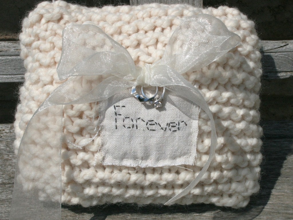 Handknit RingBearer Pillow with word FOREVER in Cream...Pick COLOURS to match your wedding....