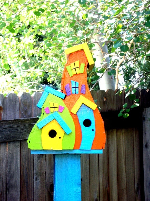 Homemade birdhouse bright colors