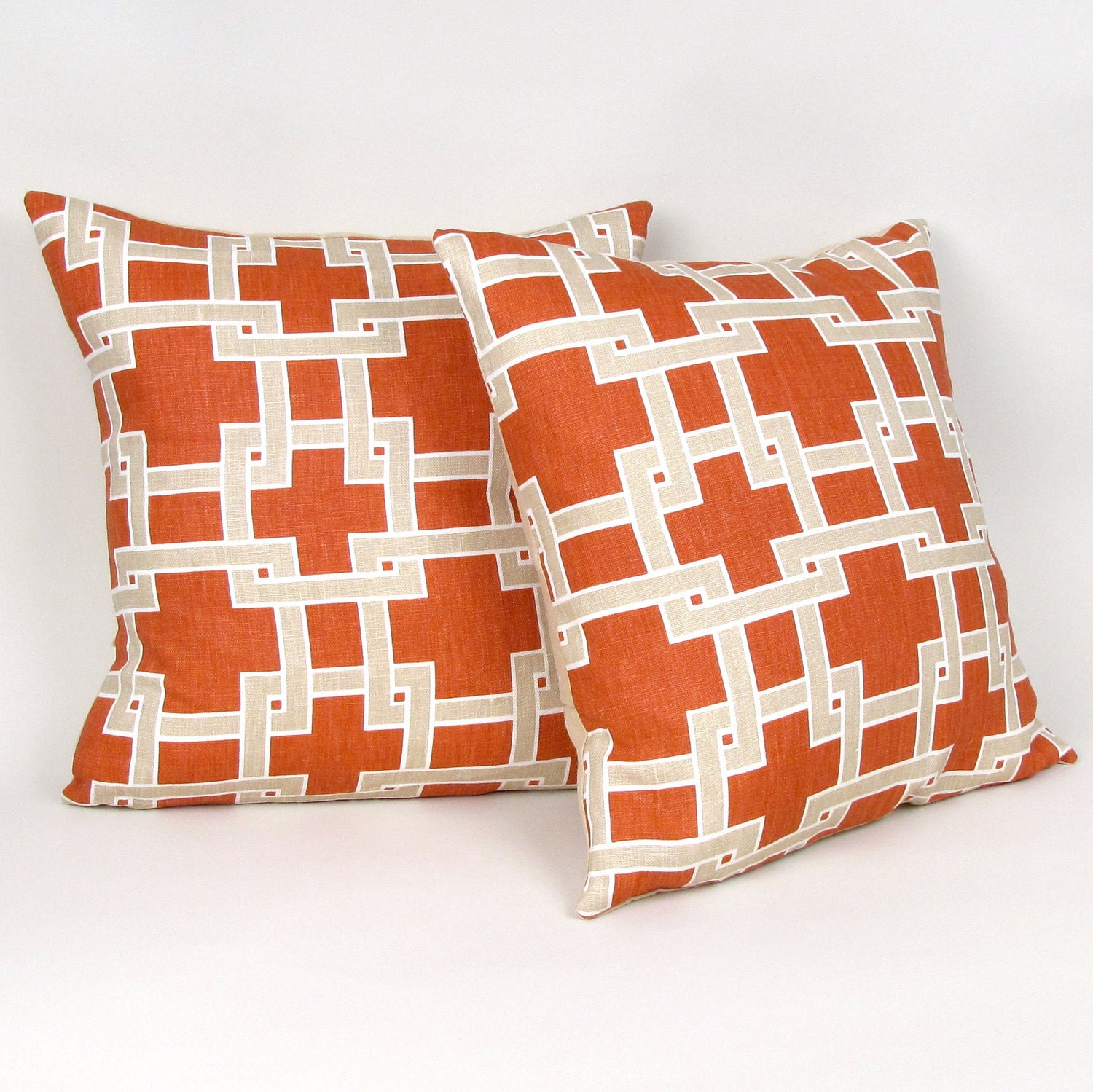 Persimmon and Beige "City Square" Linen Pillow Cover 18"