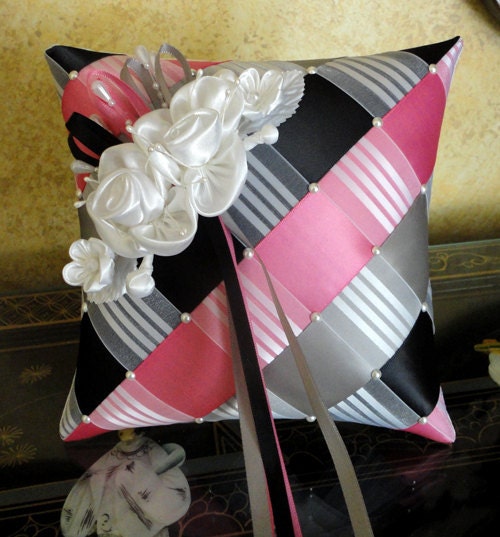 Black Hot Pink Grey White Wedding Ring Bearer Pillow Ribbon Weave with 
