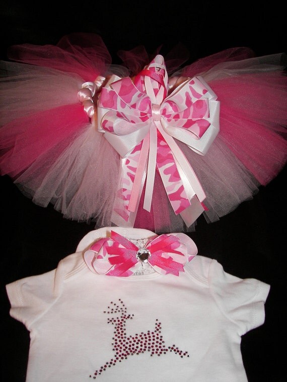 Pink Camo Deer Inspired Custom Crystal Shirt and Tutu Set-Perfect for Portraits-Free Camo Headband and Bow
