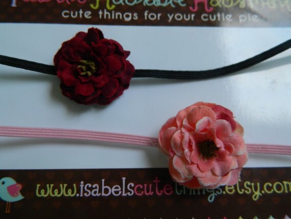 Baby Headband - Set of 2- Petite Pom Rose Flowers on Skinny Headband - Pink and Burgundy Red Flower - IRENE COLLECTION