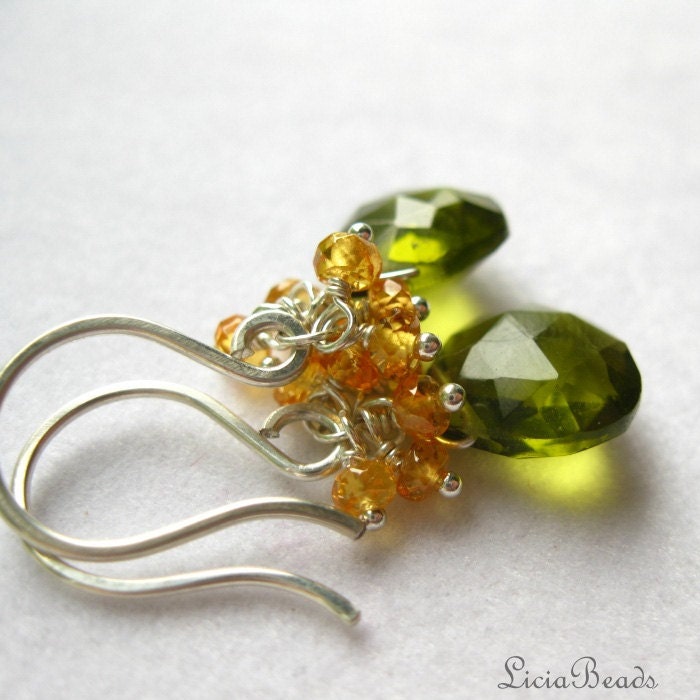 Mandarin Martini - Spessartite Garnet and Olive Quartz cluster earrings