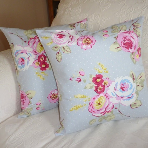 English Country Garden Pillows Cushions with roses in grey - one pair 16 x 16