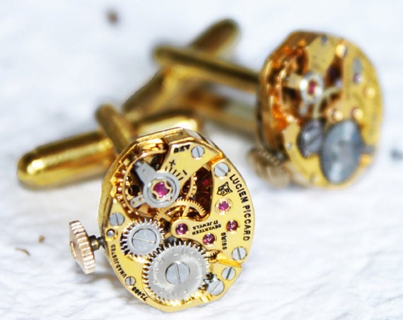 Luxury Steampunk Cufflinks: RARE Prestigious Gold Genuine LUCIEN PICCARD Swiss Vtg Watch Movement - Men Steampunk Cufflinks Christmas Gift