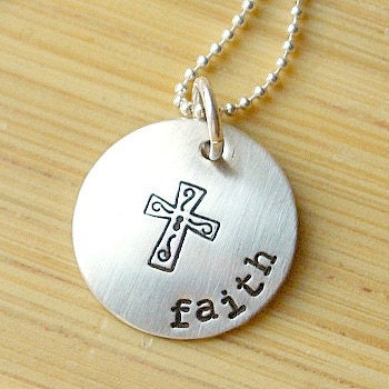 Sterling Silver Hand Stamped Domed Faith Necklace with Cross