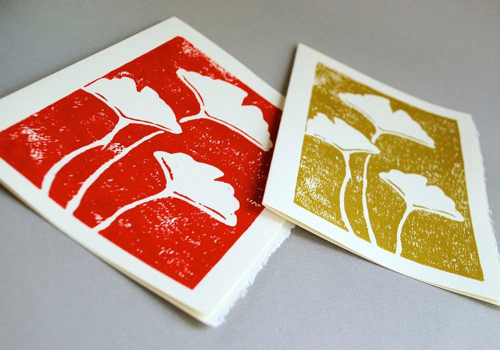 Blank Notecards Set - Ginkgo Leaves - 5 x 7 inches - Red, Silver, Green and Gold