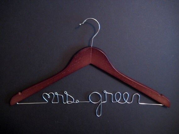 Last Name Hanger for Wedding Dress MAHOGANY wood SILVER wire name